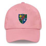 A pink 75th Ranger Regiment Hat with the logo on the front.  The hat has a curved visor and an adjustable strap at the back.