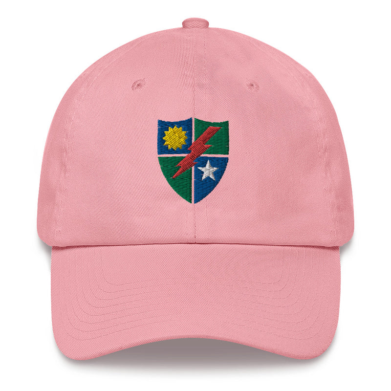 A pink 75th Ranger Regiment Hat with the logo on the front.  The hat has a curved visor and an adjustable strap at the back.