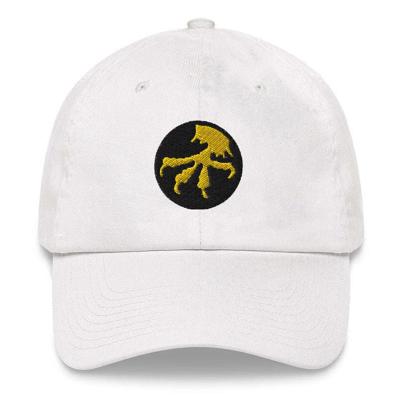 A white 17th Airborne Division Hat with the logo on the front.  The hat has a curved visor and an adjustable strap at the back.