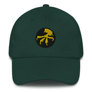 A spruce colored 17th Airborne Division Hat with the logo on the front.  The hat has a curved visor and an adjustable strap at the back.