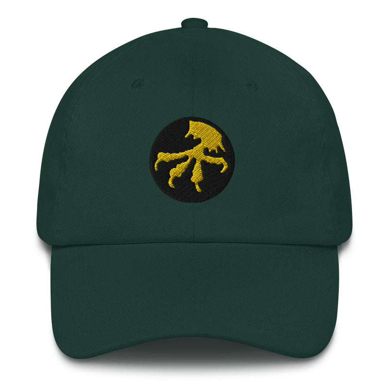 A spruce colored 17th Airborne Division Hat with the logo on the front.  The hat has a curved visor and an adjustable strap at the back.