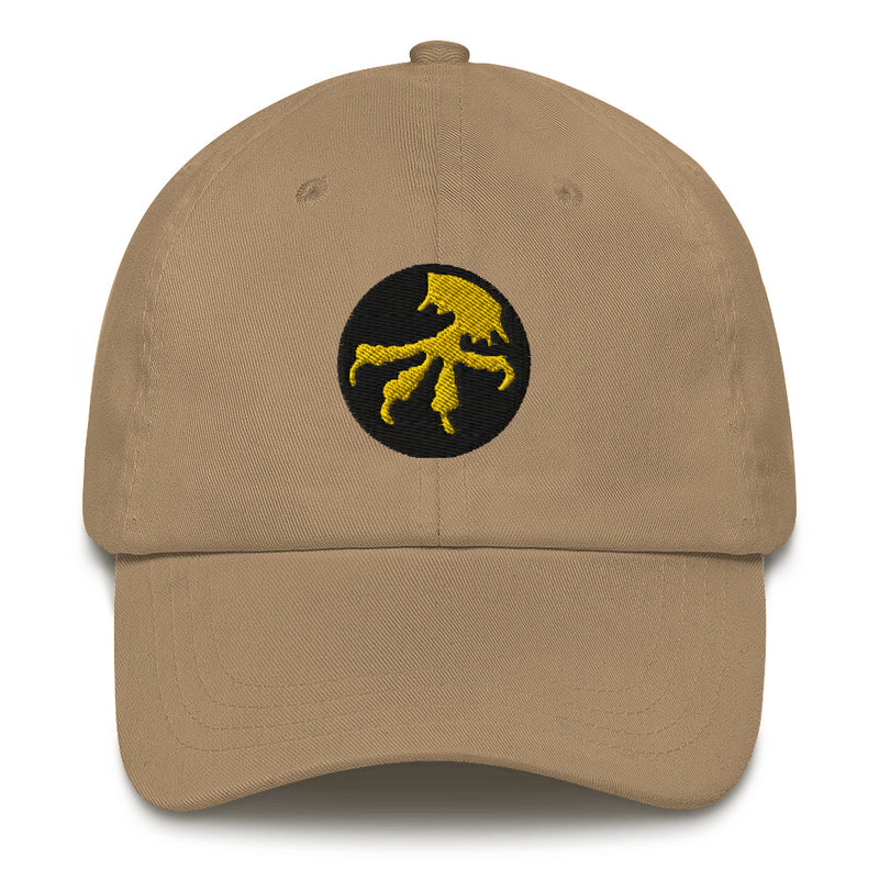 A khaki colored 17th Airborne Division Hat with the logo on the front.  The hat has a curved visor and an adjustable strap at the back.