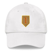 A white 1st Infantry Division Hat with the logo on the front.  The hat has a curved visor and an adjustable strap at the back.