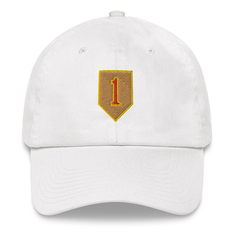 A white 1st Infantry Division Hat with the logo on the front.  The hat has a curved visor and an adjustable strap at the back.