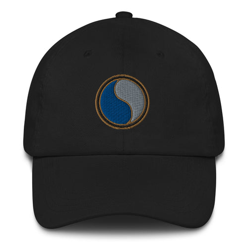 A black 29th Infantry Division Hat with the logo on the front.  The hat has a curved visor and an adjustable strap at the back.