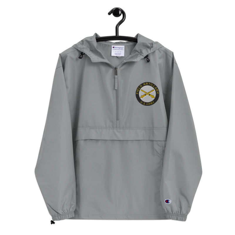 US Army Field Artillery Graphite Champion packable jacket with a detailed embroidered logo.