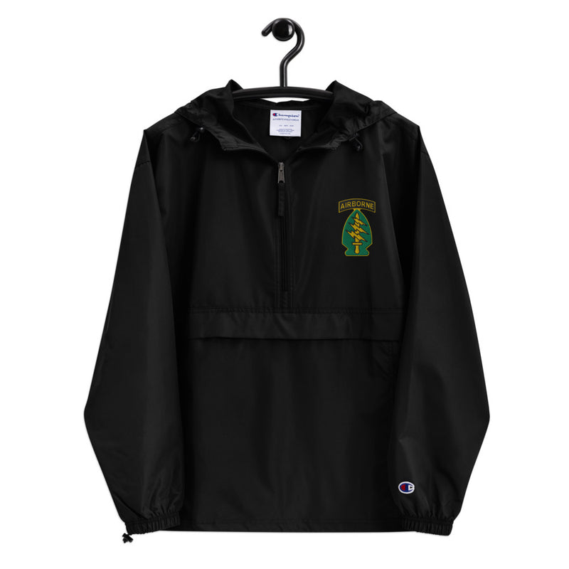 Special Forces Airborne Black Champion packable jacket with a detailed embroidered logo.