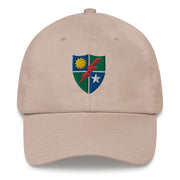 A stone colored 75th Ranger Regiment Hat with the logo on the front.  The hat has a curved visor and an adjustable strap at the back.