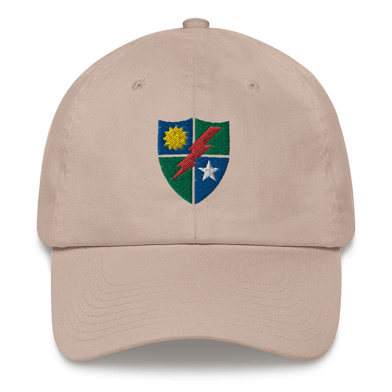 A stone colored 75th Ranger Regiment Hat with the logo on the front.  The hat has a curved visor and an adjustable strap at the back.
