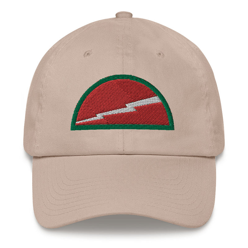 A stone colored 78th Infantry Division Hat with the logo on the front.  The hat has a curved visor and an adjustable strap at the back.