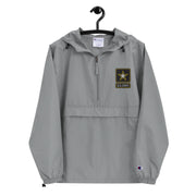 United States Army Graphite Champion packable jacket with a detailed embroidered logo.