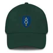 A spruce colored 8th Infantry Division Hat with the logo on the front.  The hat has a curved visor and an adjustable strap at the back.