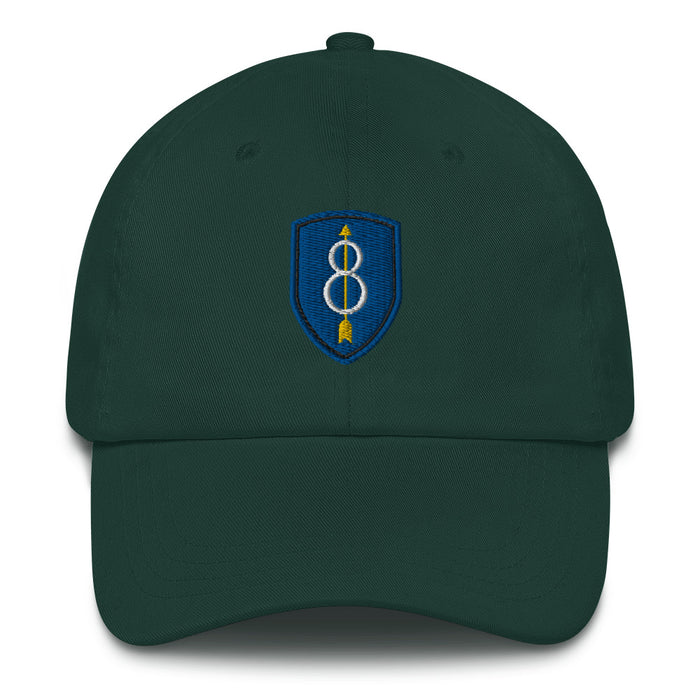 A spruce colored 8th Infantry Division Hat with the logo on the front.  The hat has a curved visor and an adjustable strap at the back.