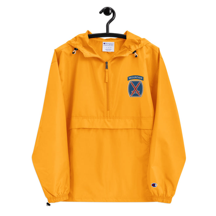 10th Mountain Division Gold Champion packable jacket with a detailed embroidered logo