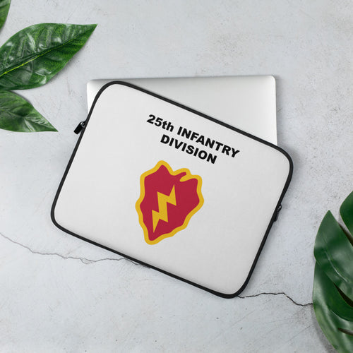 A lightweight and water-resistant white Laptop Sleeve with the 25th Infantry Division logo printed on top. The laptop sleeve is designed to fit a 13" laptop.
