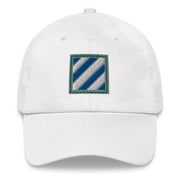 A white 3rd Infantry Division Hat with the logo on the front.  The hat has a curved visor and an adjustable strap at the back.