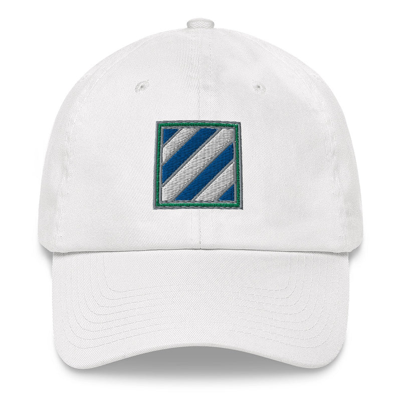 A white 3rd Infantry Division Hat with the logo on the front.  The hat has a curved visor and an adjustable strap at the back.