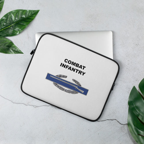 A lightweight and water-resistant white Laptop Sleeve with the Combat Infantry logo printed on top. The laptop sleeve is designed to fit a 13" laptop.