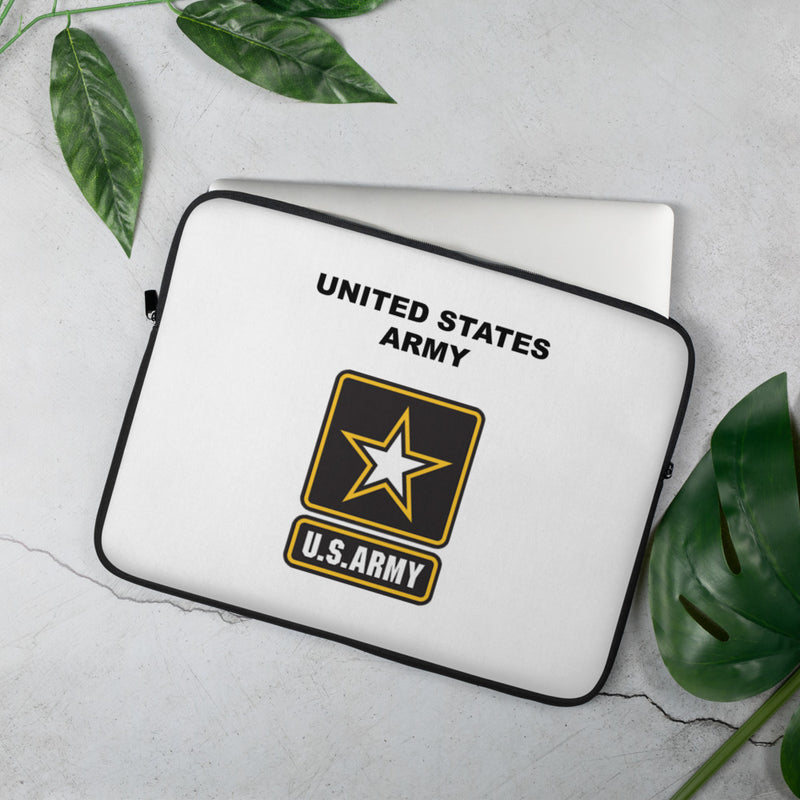 A lightweight and water-resistant white Laptop Sleeve with the United States Army logo printed on top. The laptop sleeve is designed to fit a 15" laptop.