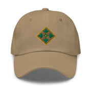A khaki colored 4th Infantry Division Division Hat with the logo on the front.  The hat has a curved visor and an adjustable strap at the back.