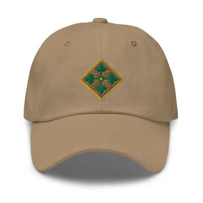 A khaki colored 4th Infantry Division Division Hat with the logo on the front.  The hat has a curved visor and an adjustable strap at the back.