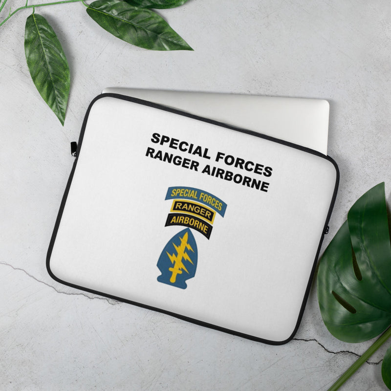 A lightweight and water-resistant white Laptop Sleeve with the Special Forces Ranger Airborne logo printed on top. The laptop sleeve is designed to fit a 15" laptop.