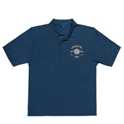 "Hole in One with Personalized Month and Year" - Navy Golf shirt • 65% polyester, 35% cotton pique • Relaxed fit that runs large • Flat knit collar and cuffs