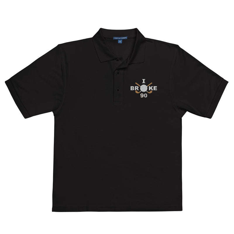 "I Broke 90" - Black Golf shirt • 65% polyester, 35% cotton pique • Relaxed fit that runs large • Flat knit collar and cuffs