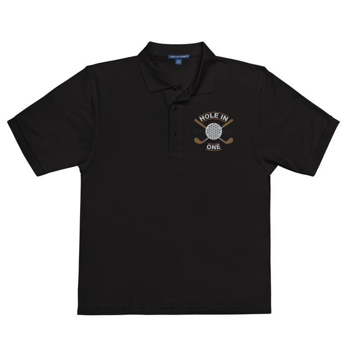 Black short-sleeve Golf Shirt Dark - Hole in One with Personalized Month and Year Men's Polo. Features small embroidery on the left chest with two crossed golf clubs, a golf ball, and "HOLE IN ONE" text. Perfect for golf fans.