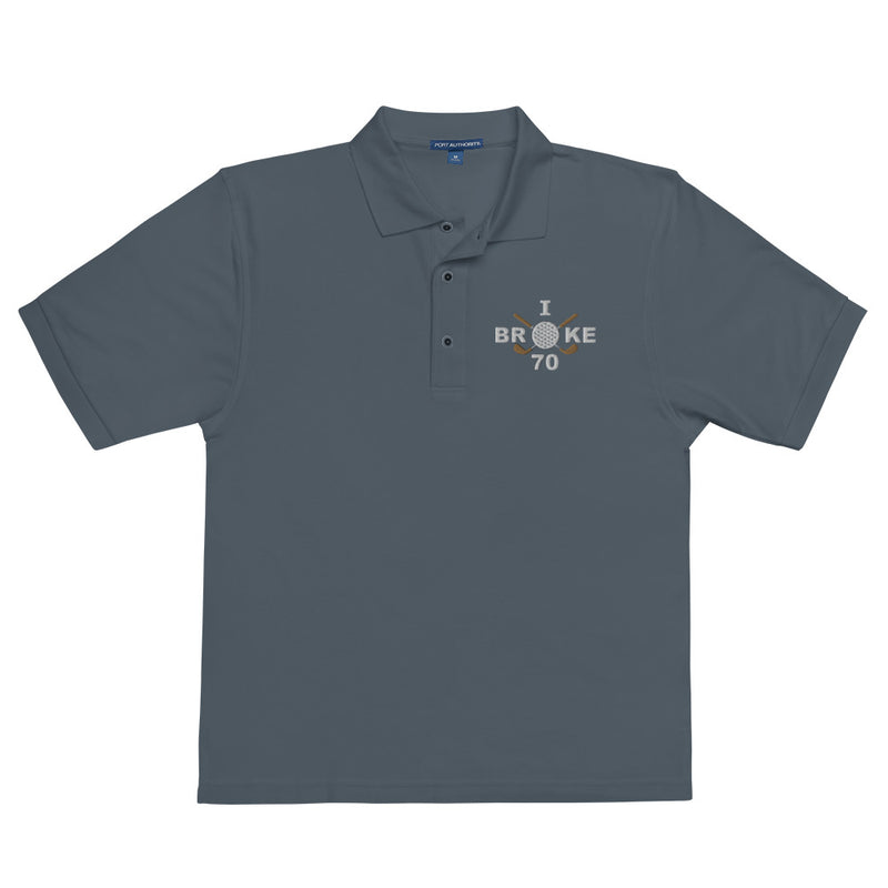 "I Broke 70" - Steel Grey Golf shirt • 65% polyester, 35% cotton pique • Relaxed fit that runs large • Flat knit collar and cuffs