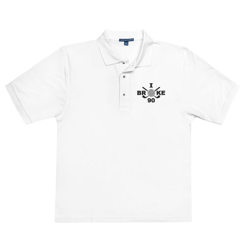 "I Broke 90" - White Golf shirt • 65% polyester, 35% cotton pique • Relaxed fit that runs large • Flat knit collar and cuffs