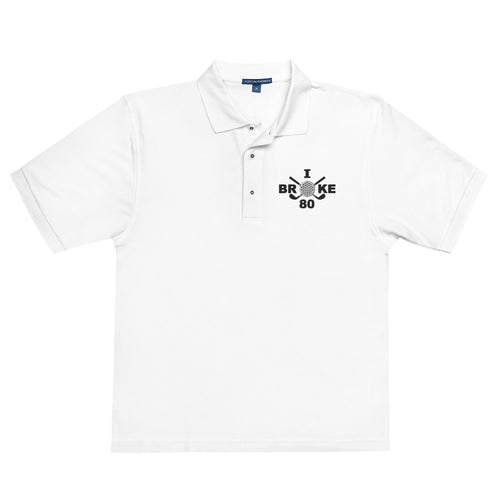 "I Broke 80" - White Golf shirt • 65% polyester, 35% cotton pique • Relaxed fit that runs large • Flat knit collar and cuffs