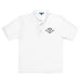 The Printful Golf Shirt - Hole in One with Personalized Month and Year Men's Polo is a white short-sleeve men's polo with a collar, three buttons, and a custom black bell graphic on the chest featuring "SEPT" and "2022.
