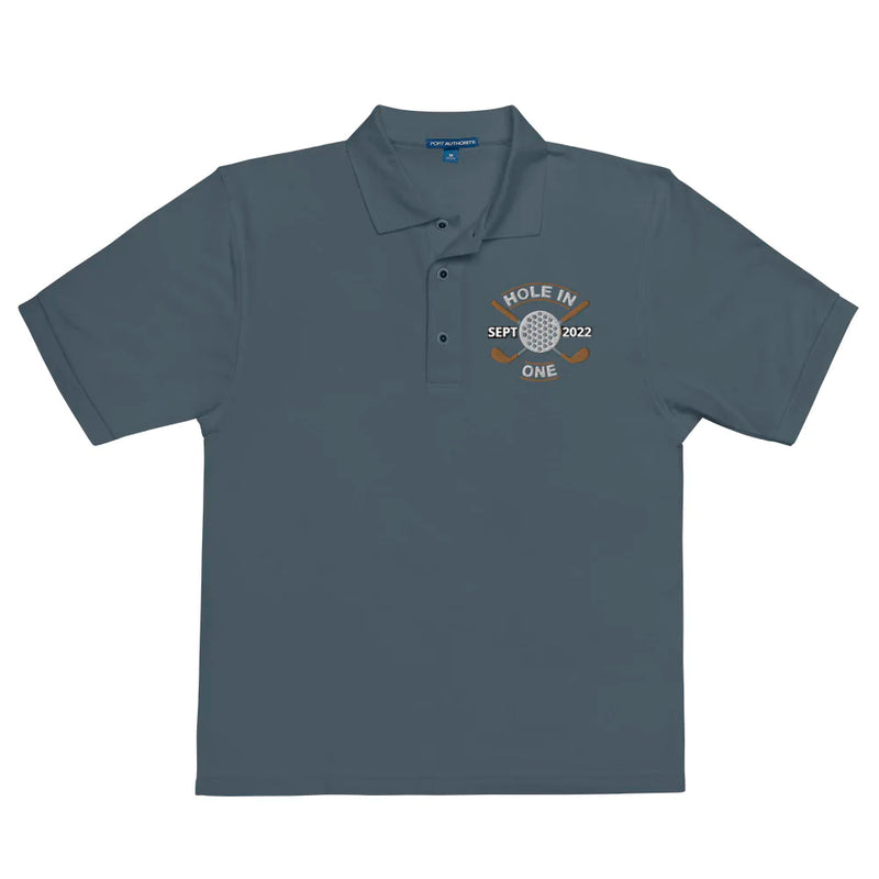 "Hole in One with Personalized Month and Year" - Steel Grey Golf shirt • 65% polyester, 35% cotton pique • Relaxed fit that runs large • Flat knit collar and cuffs