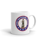 The White Glossy Mug - Army National Guard is a sturdy and shiny mug featuring the emblem of a soldier holding a rifle at the center, encircled by "Army National Guard" in blue text against a red background, with five white stars along the bottom. This dishwasher and microwave safe mug is perfect for showing your support.