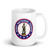 The White Glossy Mug - Army National Guard is a durable ceramic mug showcasing the emblem of a soldier with a rifle, encircled by a blue ring with the text "ARMY NATIONAL GUARD" and adorned with red and white stars on a blue border. It is both dishwasher and microwave safe, perfect for everyday use.