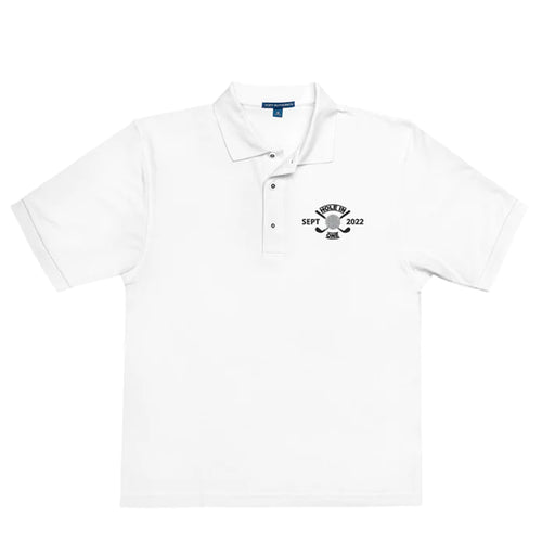 "Hole in One with Personalized Month and Year" - White Golf shirt • 65% polyester, 35% cotton pique • Relaxed fit that runs large • Flat knit collar and cuffs